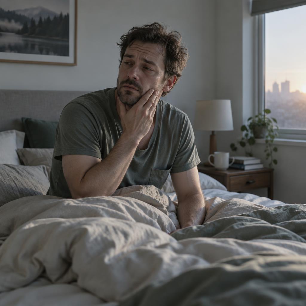 Hombre sentado en la cama al despertar, con la mano en la mandíbula